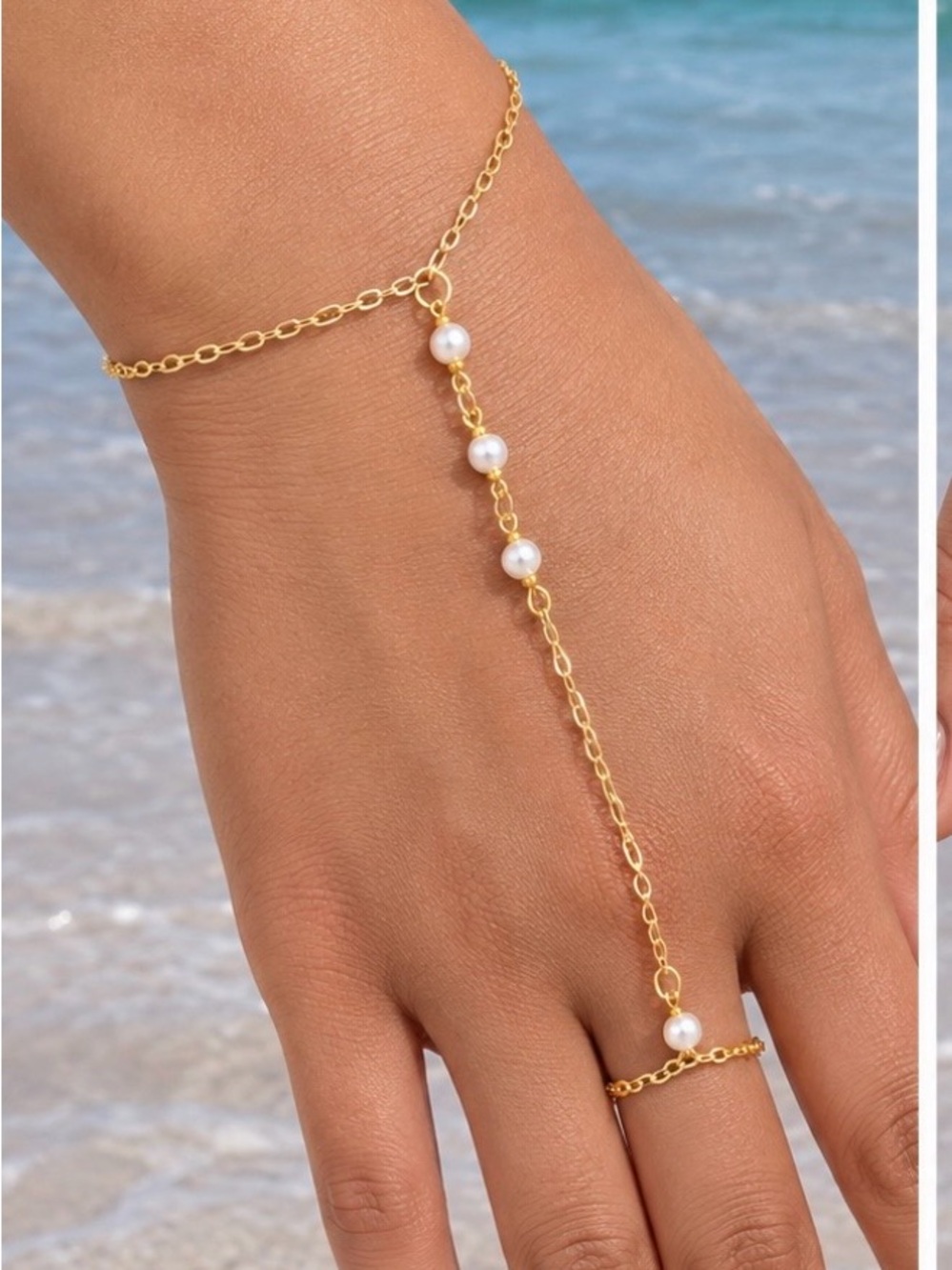 Gold Pearl Hand Chain Bracelet with White Pearls - Women Jewelry